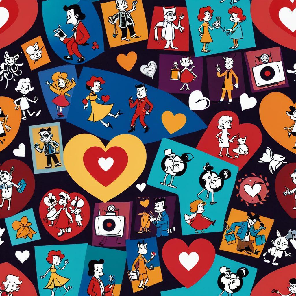 A dynamic collage illustrating the journey of adult animation, featuring vintage cartoon characters transitioning into modern, stylish figures. The left side depicts classic naughty animations with a playful vintage filter, while the right showcases sophisticated, sensual storytelling in vibrant, captivating colors. The background flows smoothly from retro to contemporary, symbolizing transformation. Include film reels and a subtle heart motif to enhance the theme of storytelling. super-realistic. vibrant colors. seamless gradient background.