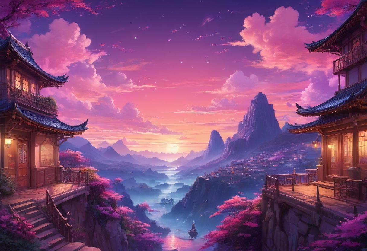 A vibrant illustration showcasing a dynamic and colorful fantasy world filled with swirling pink and purple skies, featuring stylized characters in suggestive yet tasteful poses. Incorporate elements of anime art with intricate backgrounds that include ethereal landscapes and whimsical architecture. Highlight the emotional expressions of the characters, capturing both allure and playfulness. Include themed objects like manga books and art supplies scattered throughout, creating an inviting atmosphere. anime art style. vivid colors. whimsical theme.