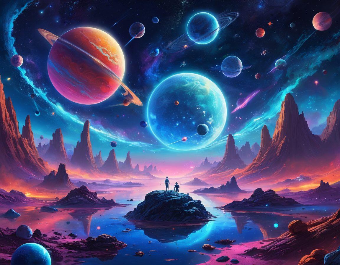 A whimsical outer space scene featuring a vibrant galaxy with adult-themed streaming icons floating amongst the stars. Incorporate playful cartoonish characters like aliens enjoying various streaming devices, surrounded by colorful planets and asteroid belts. The background should be a deep cosmic blue, dotted with twinkling stars and glowing nebulae. The scene captures a blend of humor and allure, inviting viewers into the unique realm of adult entertainment. cartoon style. vibrant colors. cosmic theme.